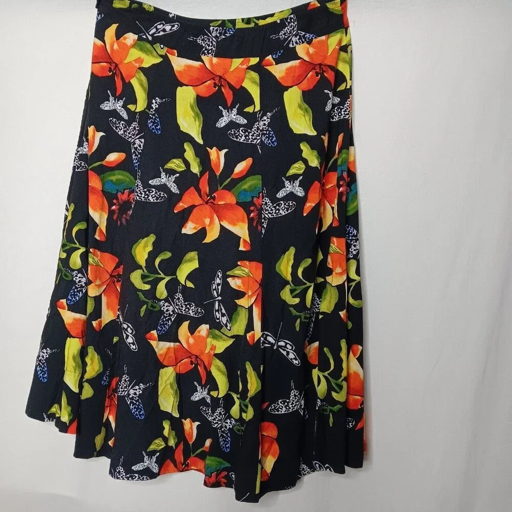 Soft Surroundings Large Skirt Midi Butterfly Black Floral Hawaiian Plumeria Zip - Picture 4 of 10